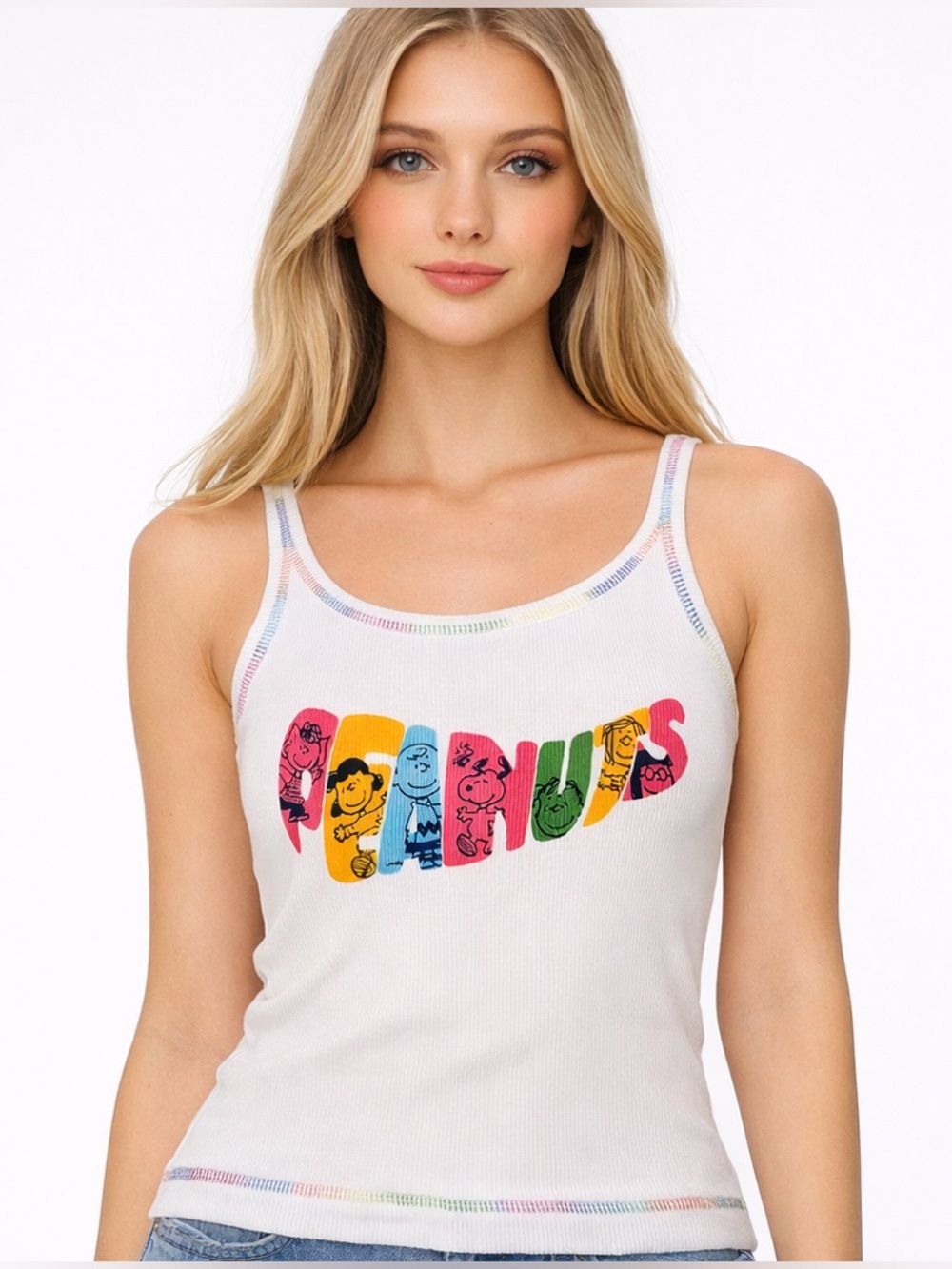 Peanuts White Rib Knit Tank Top with Peanuts Characters Graphic Size Jrs Large